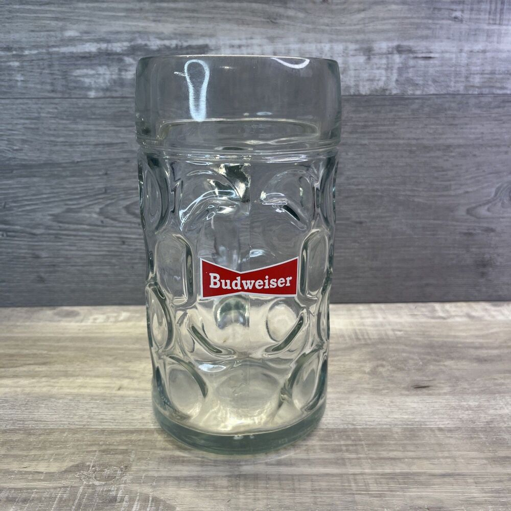 Vintage Dimpled Budweiser Beer Stein Mug Clear Glass 1 Liter German 8" Red Logo